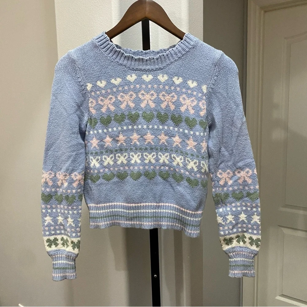 LoveShackFancy Womens Zaheer Pullover Feminine Heart Bow Sweater Pink Blue XS - Picture 2 of 11